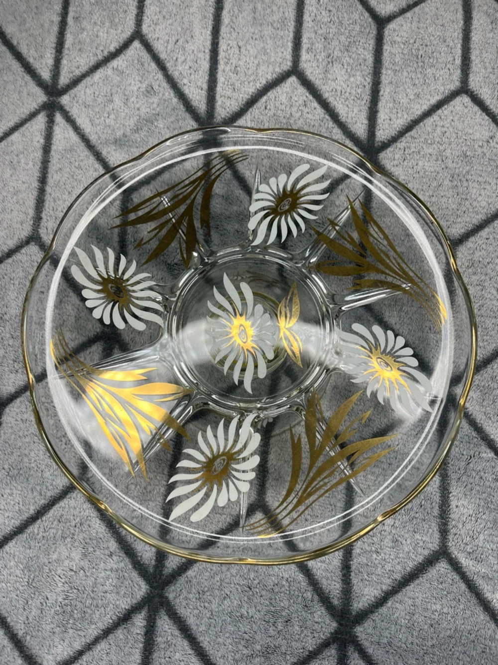Vintage Mid-Century Glass Cake Stand White Daisy & Gold Floral Serving Plate